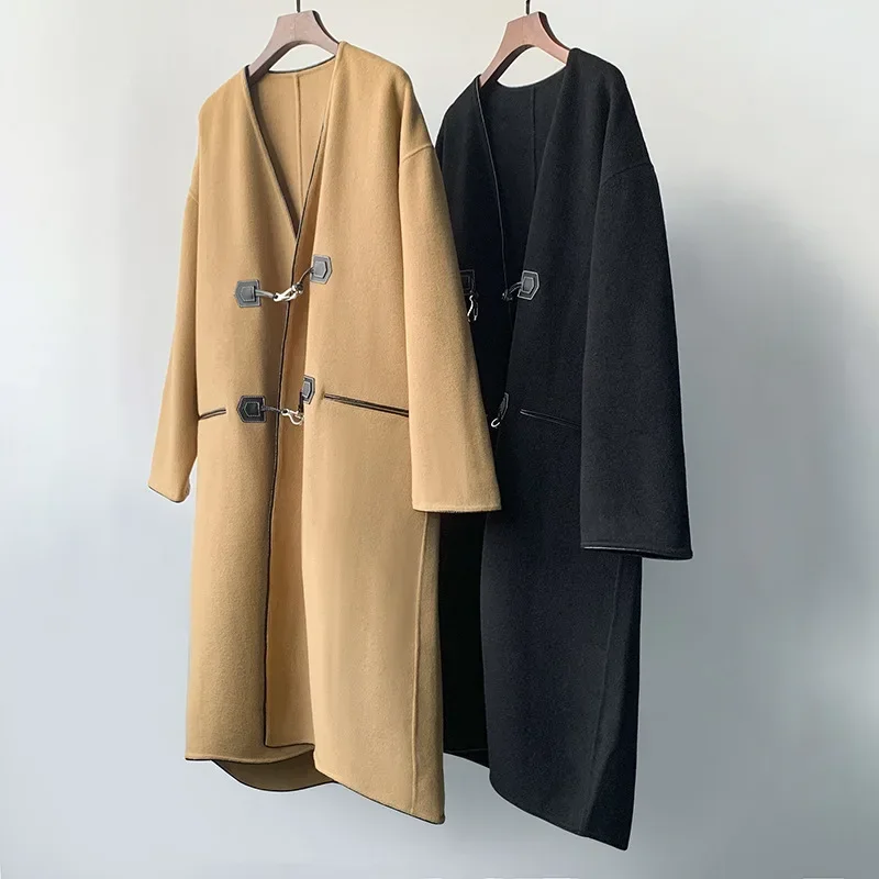 Autumn and winter leather buckle double-sided medium and long coat loose retro hook elegant woolen coat women's