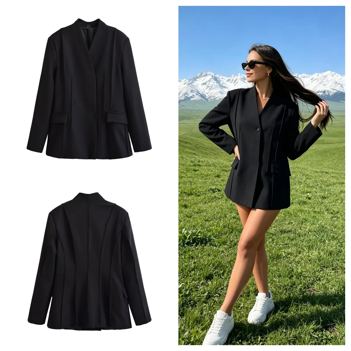 2026 Autumn Ladies V Neck Black Blazer Long Sleeve Vintage Design With Pockets Office Commute Female Outerwear Outer Jacket