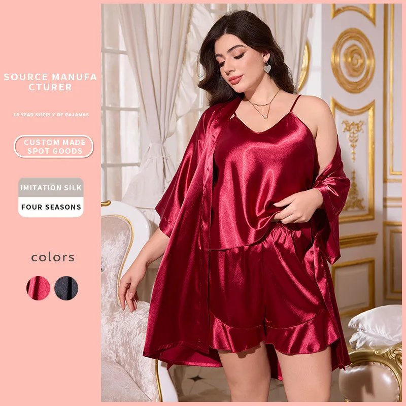

Plus Size Women Pajams Sets Thin Robe Shorts and Sling for Sleepwear Sexy Female Homewear Summer Cooling Breathable Barhrobe