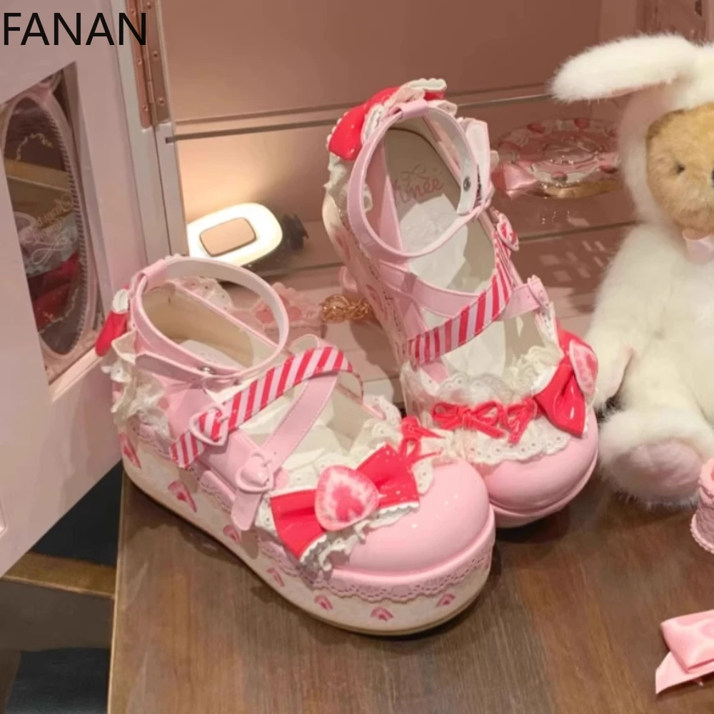 

2025 New Sweet Strawberry Lolita Shoes High Heels Mary Jane Platform Heightening Flats Princess Kawaii Single Shoes Pumps