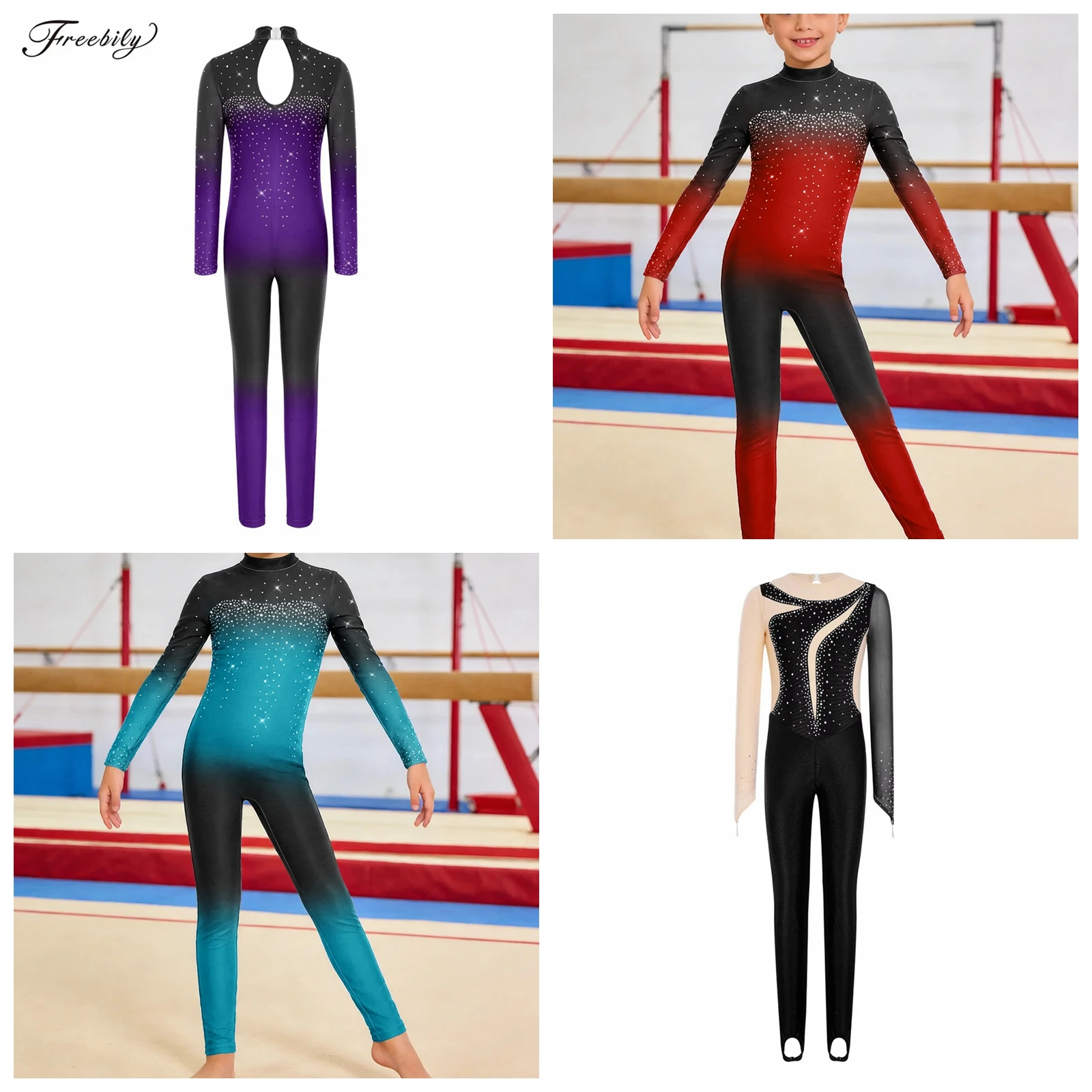 

Teens Kids Mesh Patchwork Rhythmic Gymnastics Jumpsuit Childs Girls Acrobatics Costumes Ballet Ballerina Dance Bodysuit