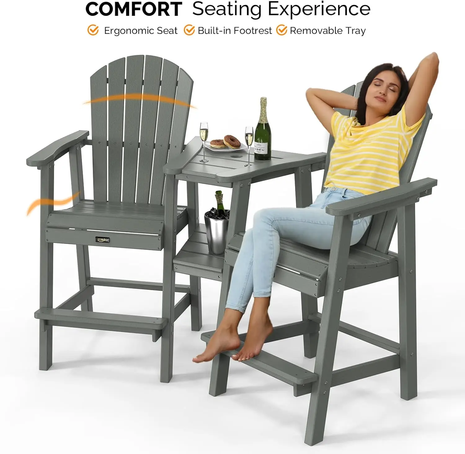 Chairs Set of 2 with Removable Double Connecting Trays, Bar Stools Poly Deck Chairs, 350LBS Capacity (Grey)  small table