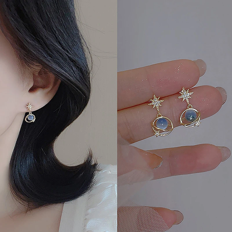 2023 New Hot Sale Blue Cat's Eye Stone Moon Planet Earrings Female Light Luxury Small Niche Temperament Earrings