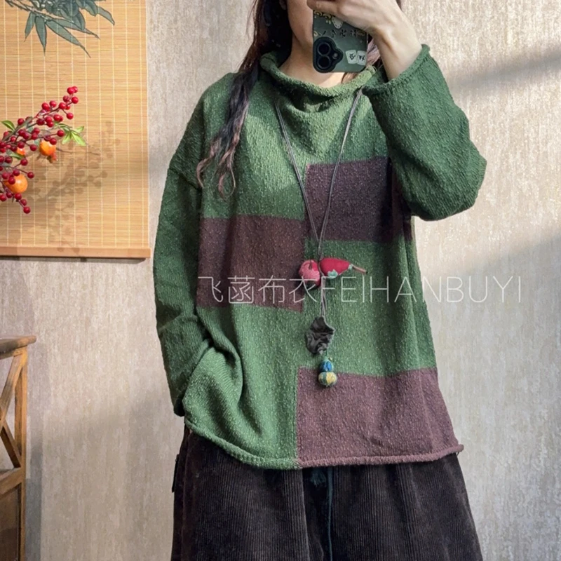 

Новое поступление 2025, осень/зима, повседневный винтажный универсальный лоскутный пуловер с длинными рукавами и длинными рукавами, женский вязаный свитер F84