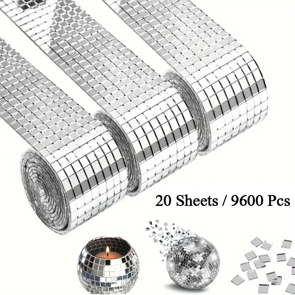 2400/9600Pcs Disco Ball Mirror Glass Self-Adhesive Sticker Craft Kit Mosaic Tile 5x5mm Square Mosaic Mirror Tiles for DIY Party