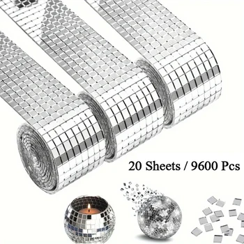 2400/9600Pcs Disco Ball Mirror Glass Self-Adhesive Sticker Craft Kit Mosaic Tile 5x5mm Square Mosaic Mirror Tiles for DIY Party
