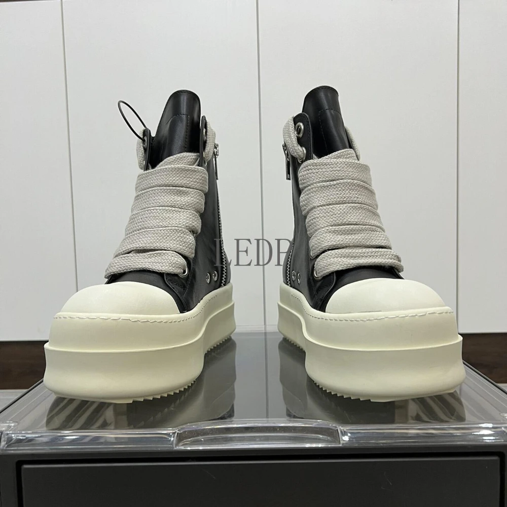 

Brand Platform Shoe Unisex Streetwear Fashion Designer Leather Shoe Jumbo Shoelaces High Top Ankle Boot Thick Sole Black Sneaker