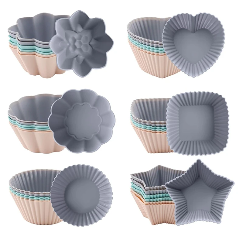 

36Pcs Silicone Muffin Moulds, 6 Types Moulds, Non-Stick Silicone Baking Moulds, Reusable Coated Silicone Muffin Mould-HFIL