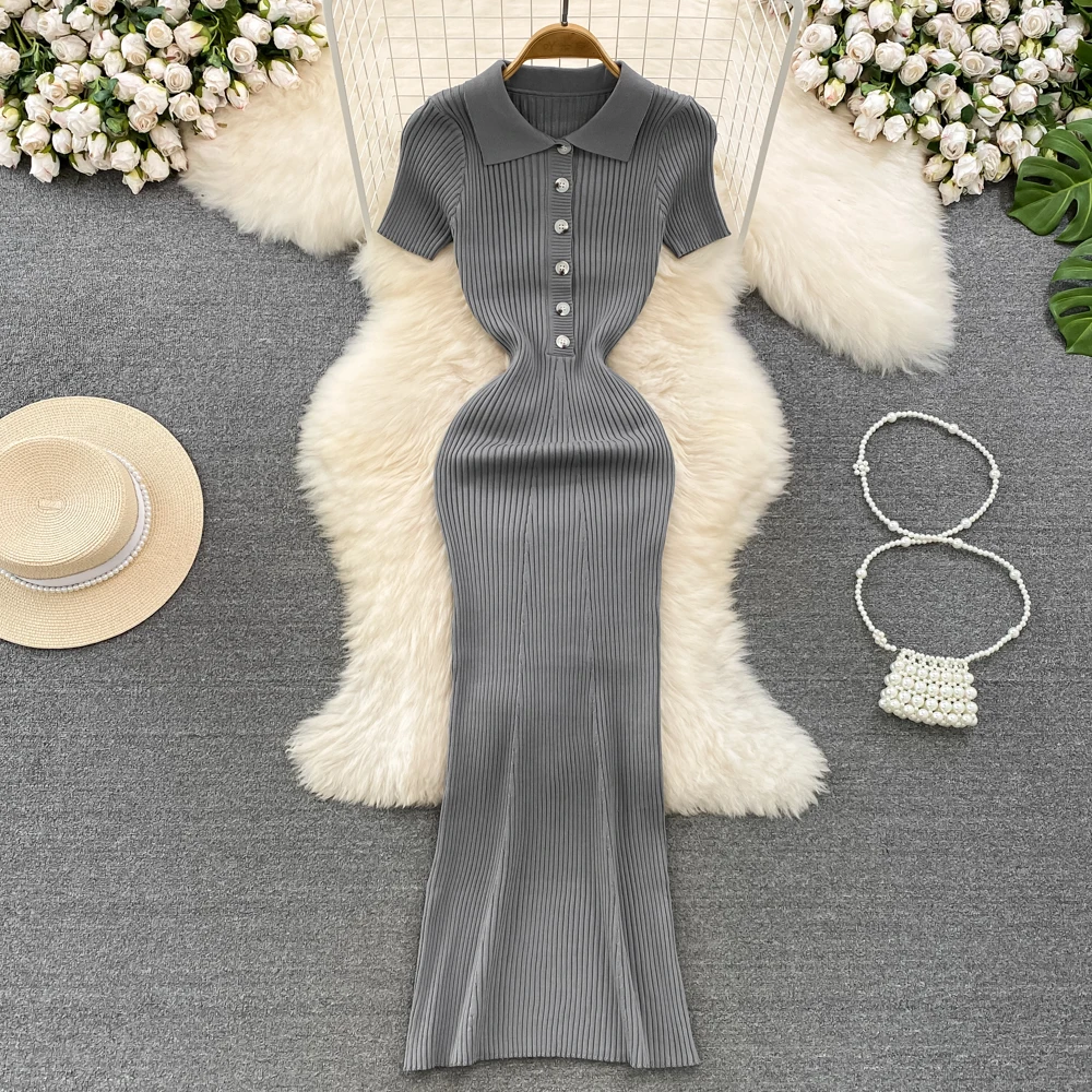 REALEFT lato 2025 nowe damskie Polo długie sukienki z dzianiny solidna elegancka, z krótkim rękawem guziki obcisła sukienka kopertowa kobieta
