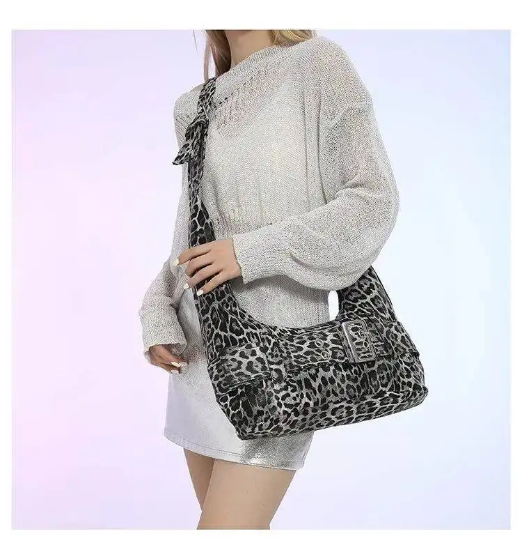 Bloom Leopard Print Y2k Shoulder Purse Women Retro Casual Crossbody Bag Female High Street Hobos Bags Handbag Aesthetic