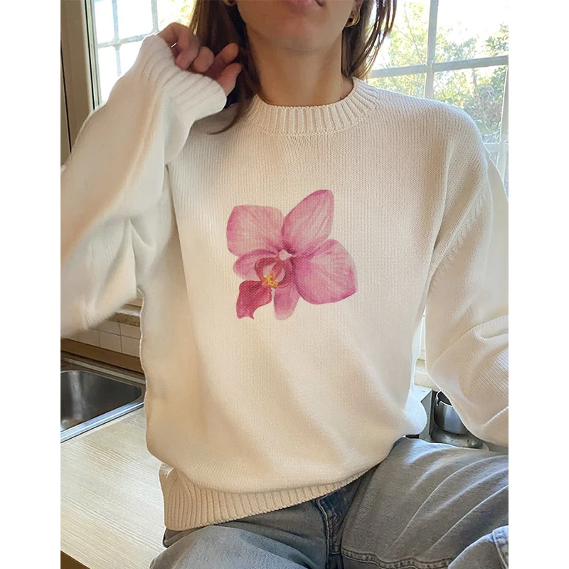 Autumn Casual Women Sweaters O-Neck Flower Sweatshirt Comfortable Long Sleeve Pullover Y2k Vintage Streetwear Chic White Jumpers