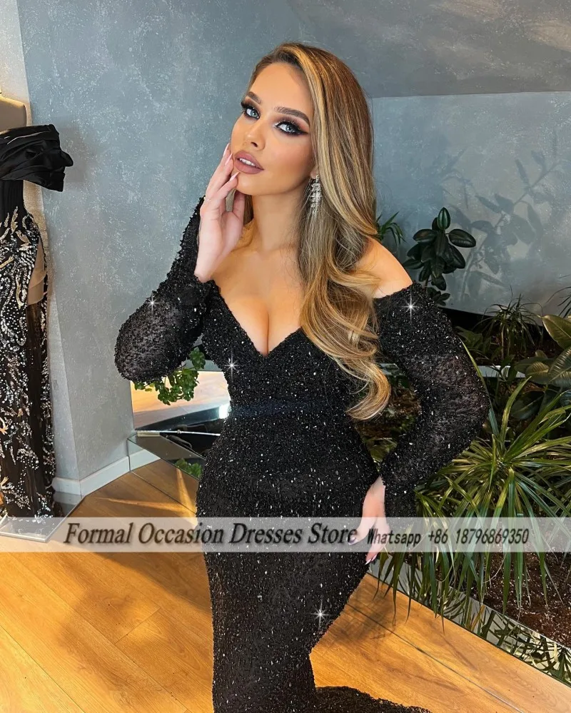 فساتين سهرة رسمية فاخرة 2025 رقبة V وأكمام طويلة فساتين حفلات سوداء ترتر مطرز بالخرز فستان حفلات الزفاف vestidos Customizde