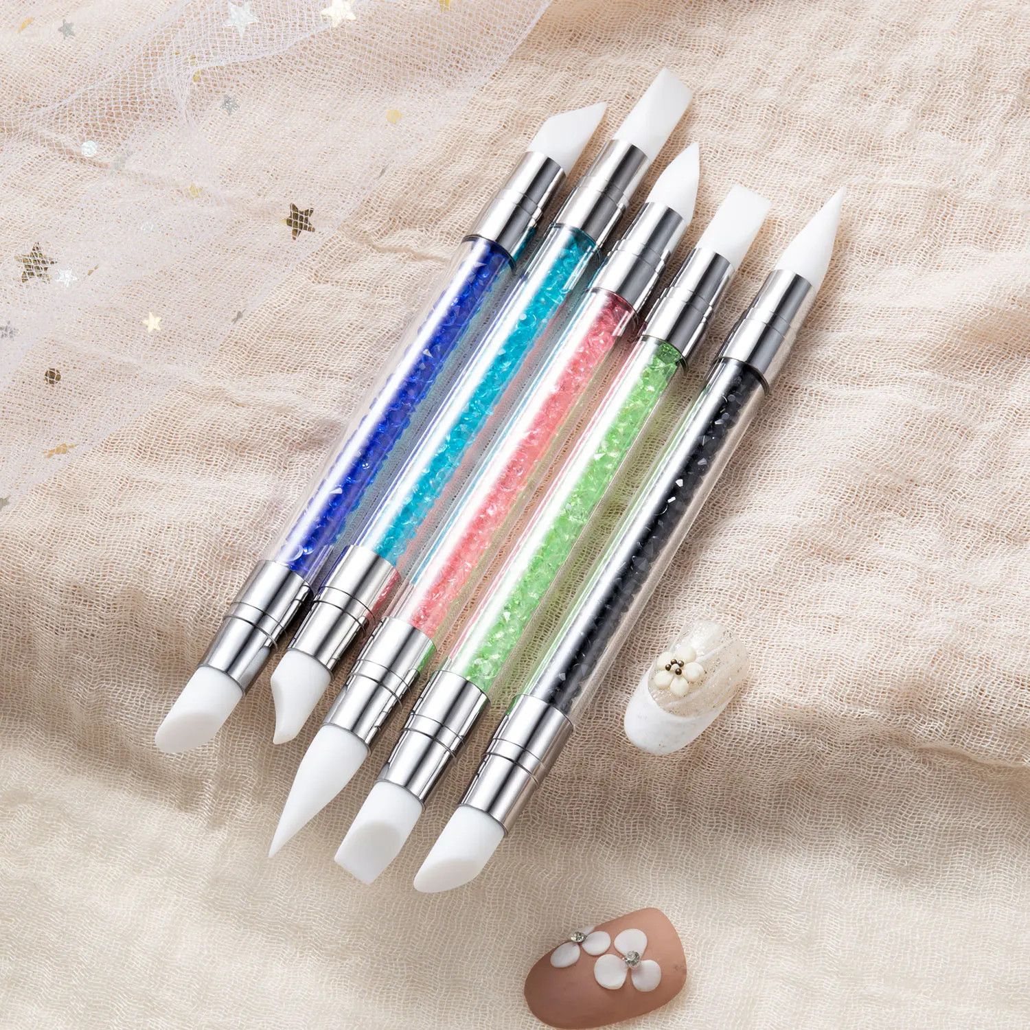 Canetas de gravação de arte em unhas de silicone de cabeça dupla 5 peças ferramentas de escultura de flores 3D com pontas ajustáveis para aplicação em pó cromado