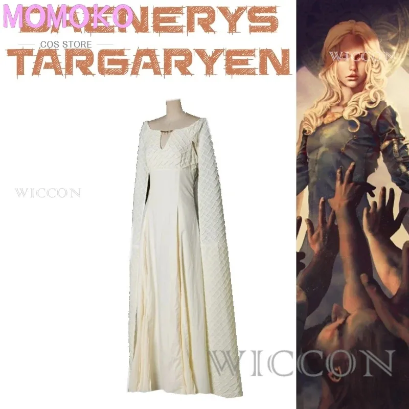 CyBlood and Dragons GoT Movie Daenerys Targaryen Dargon الأم مع فستان أبيض طويل وشعر جميل زي تنكري مليء بـ S