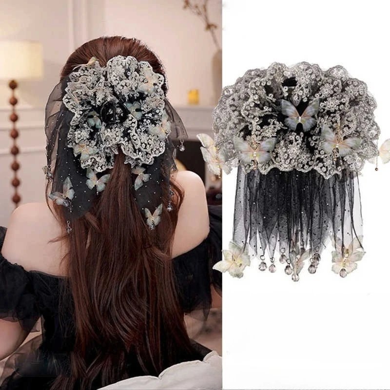 

Large Fluffy Lace Tulle Butterfly Shark Hair Claw for Thick Hair Women Elegant Crystal Tassel Wedding Party Hair Accessories