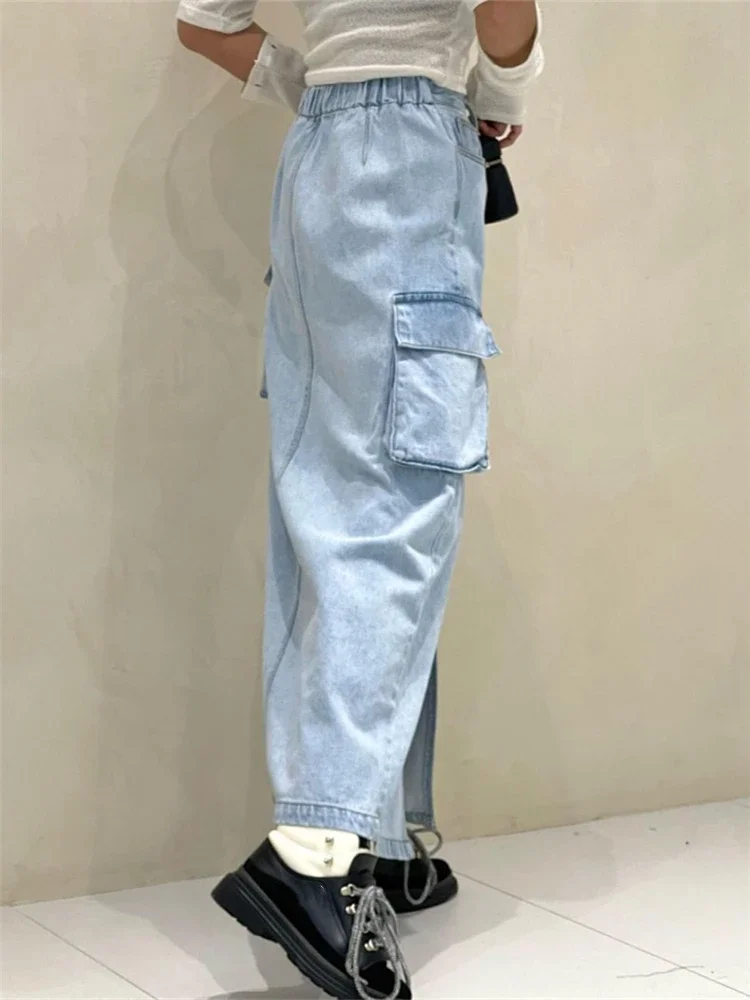 REALEFT วินเทจสูงเอวด้านหน้าแยกผู้หญิง Cargo DENIM กระโปรง 2024 ฤดูใบไม้ผลิฤดูร้อนใหม่แฟชั่นกางเกงยีนส์ A-Line กระโปรงหญิง