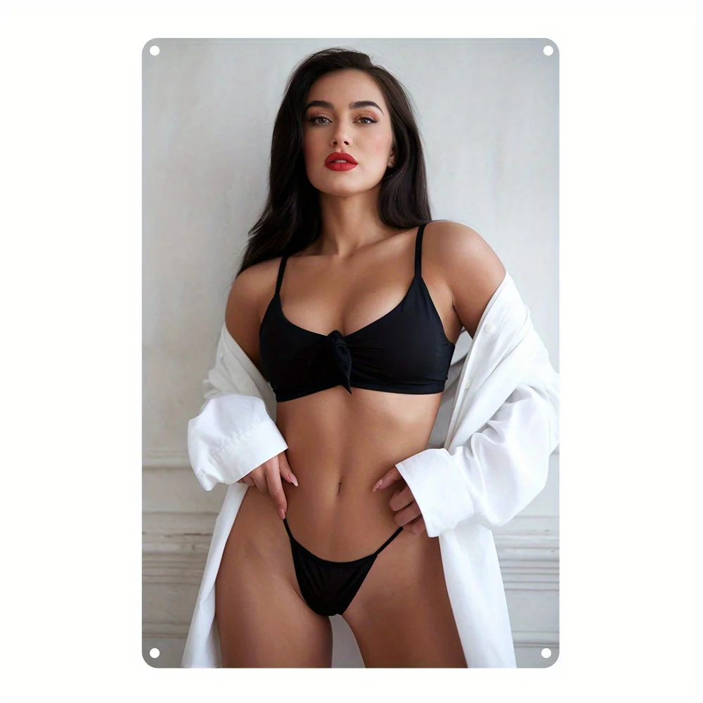 1 Vintage-Style Aluminum Art Sign -  | Chic Black Bikini & Red Lipstick Design | Easy-to-Install with Pre-Drilled Holes | for Ho