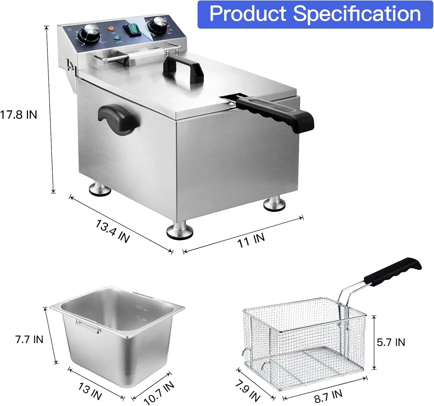 Deep Fryer - 13L 13.7QT Commercial Deep Fryer 1800W 120V18.7 ปอนด์พร้อมการควบคุมอุณหภูมิและตัวจับเวลาตะกร้าขนาดใหญ่ Fryer สําหรับ Comm