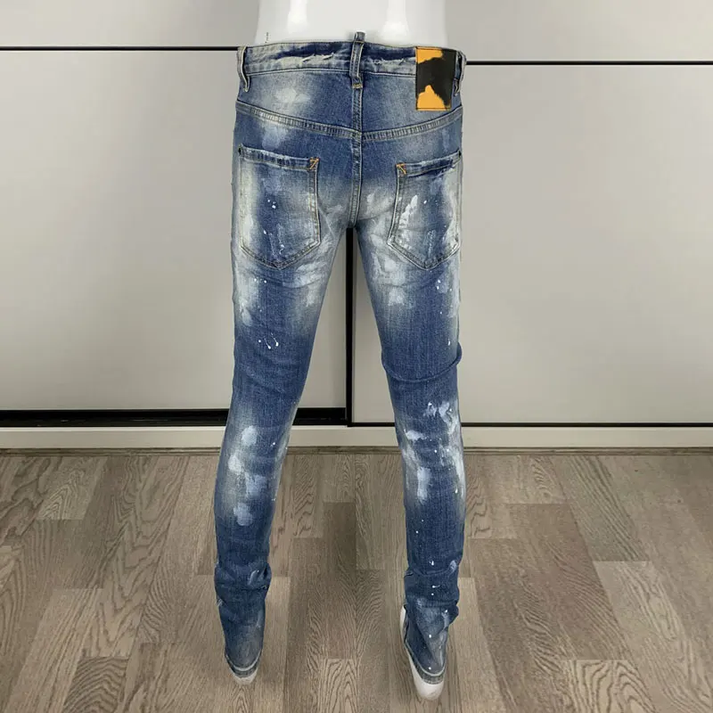 Street Fashion Men Jeans High Quality Retro Washed Blue Stretch Slim Fit Ripped Jeans Men Painted Designer Hip Hop Brand Pants