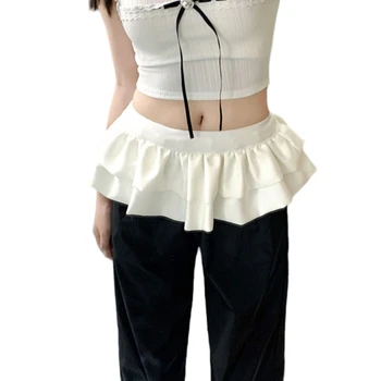 Vrouwen Koreaanse gelaagde schort wikkelrok gelaagde geplooide ruches overrok elastische taille korte minirok shirt extender