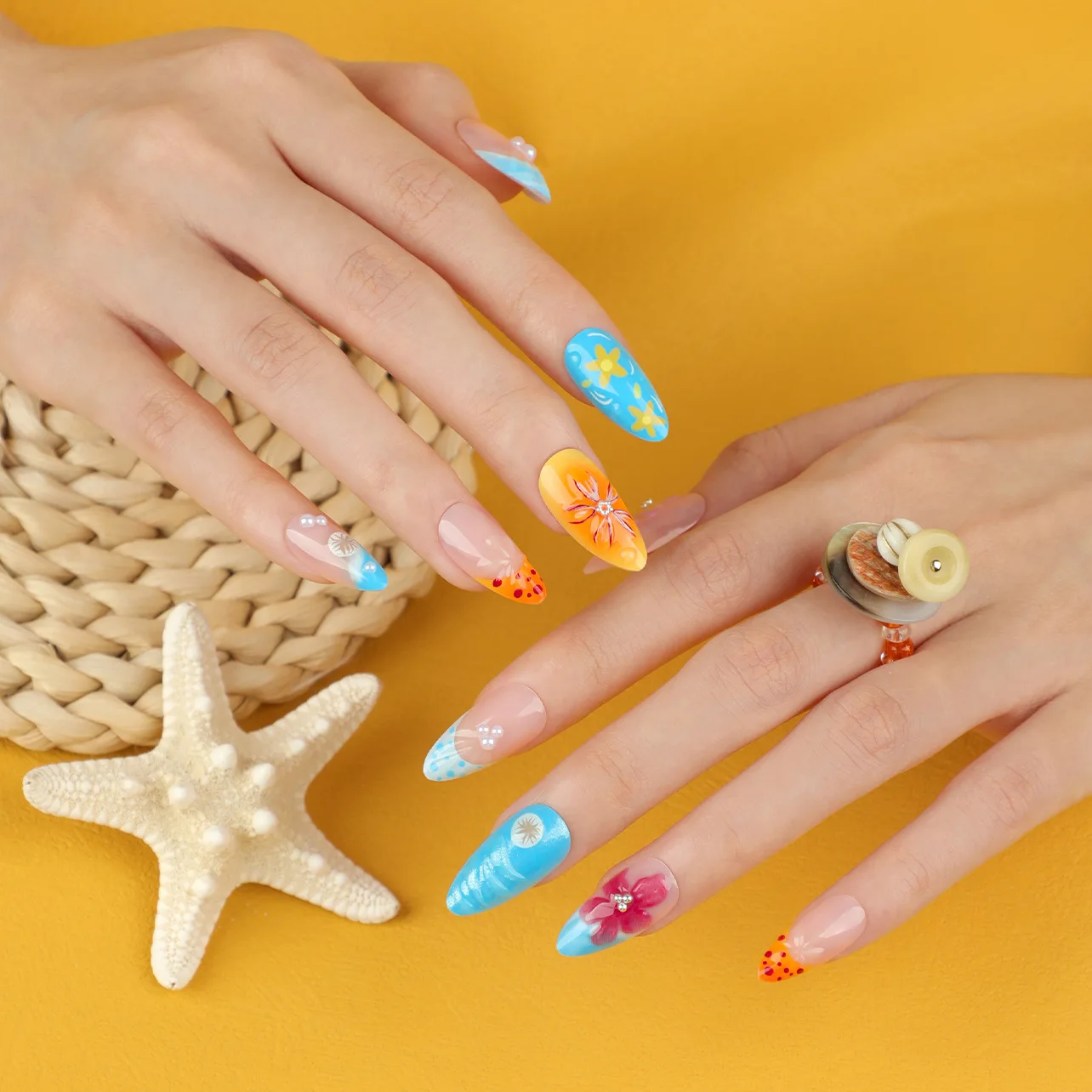 

24PCS Colorful Press on Nails Almond Ocean Blue Fake Nail with 3D Floral Shell and Pearl Design Glue on False Nails Manicure Art