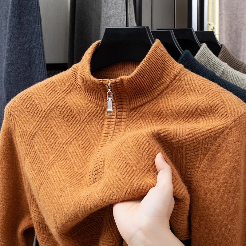 

100% Wool Mens Luxury Sweater Thickened Diamond Pattern High Neck Half Zip Knitted Pullover Autumn Winter Warm Fashion Mans Wear