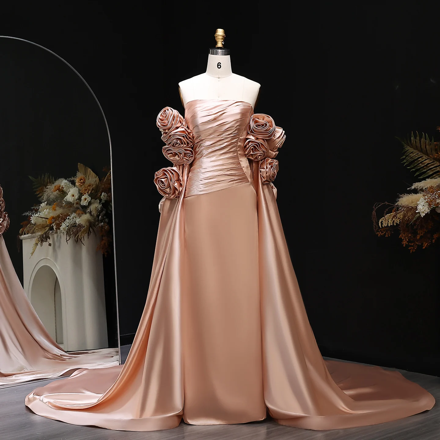 

Customized Elegant Women Evening Dresses Luxury 3D Flowers Column Pleats Party Satin Sweetheart Floor Length Prom For Occasions