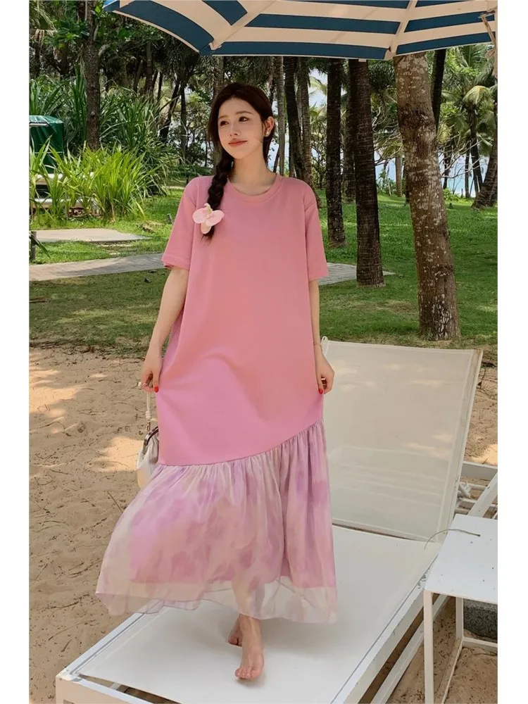 Plus Size Onregelmatige T-shirt Jurk Vrouwen Zomer Roze Tie-dye Mesh Korte Mouw Jurk Vrouw Losse Dames Jurken vestidos