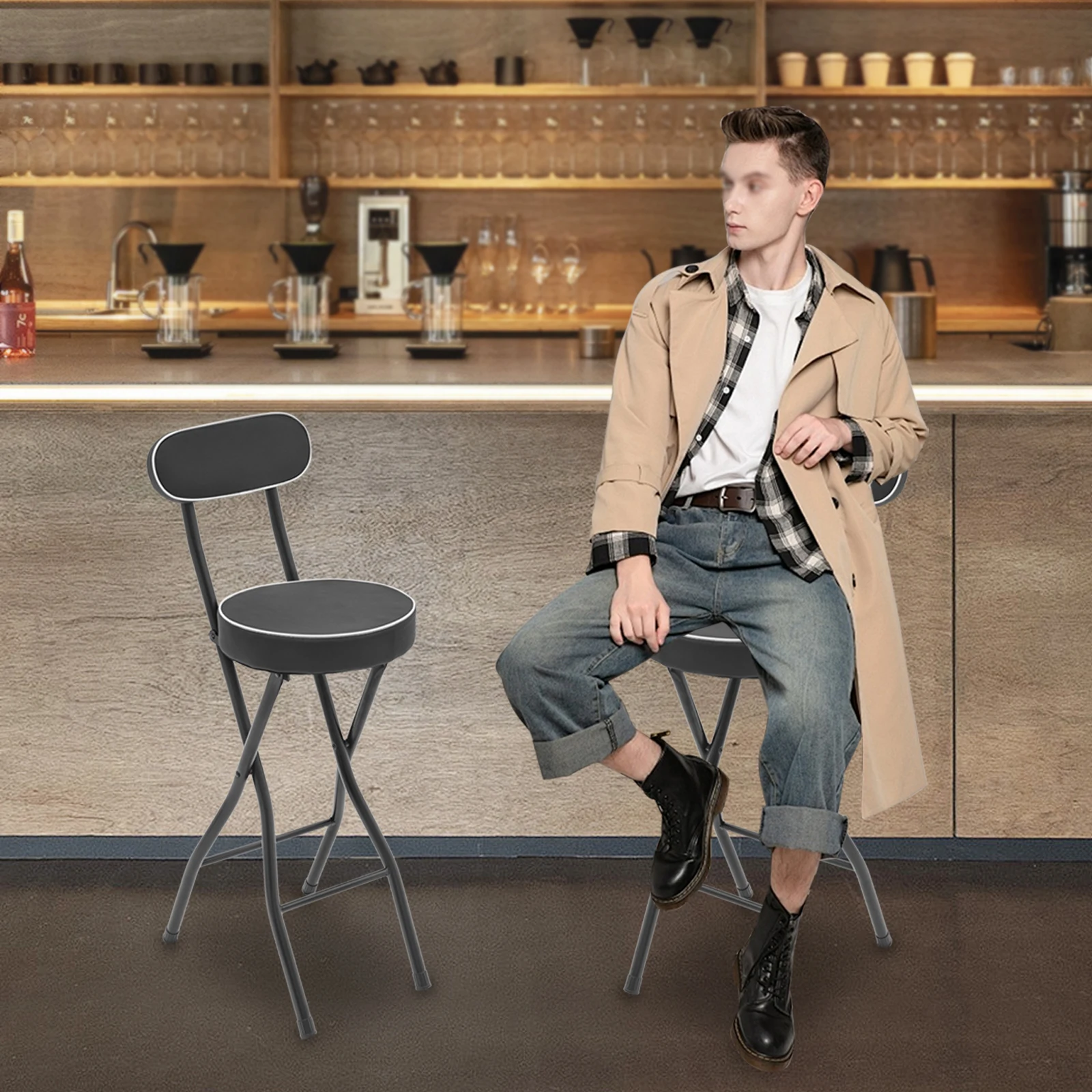 

2pcs 25.6in Capacity Foldable High Chair Bar Stool with Cushion Non Slip Feet for Kitchen Dining Room and Cafe Use