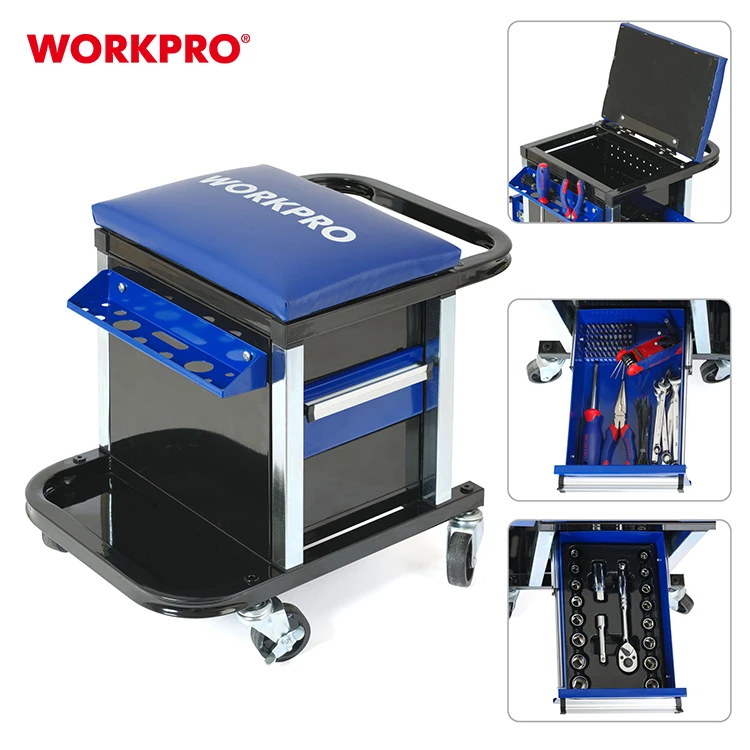 WORKPRO-Garage Rolling Toolbox, Creeper Mecânica Tool Set, Banquinho com gavetas, Assento do rolo de armazenamento