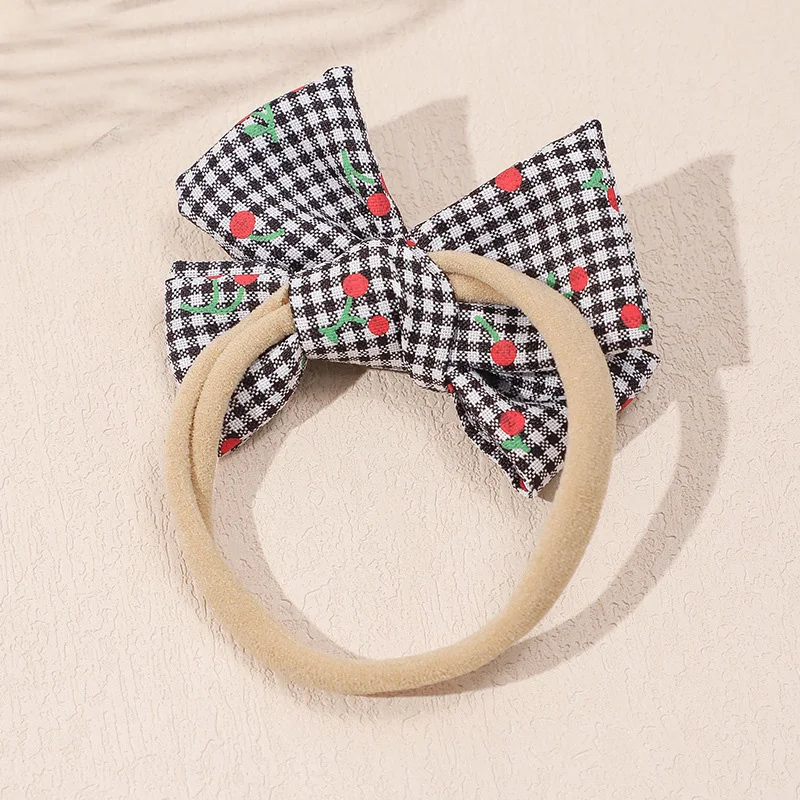 40 PCS/Lot, Cherry Print Fabric Bow Baby Headband Lovely Handtied Bow Nylon Elastic Hairband Kids Girls Hair Accessories