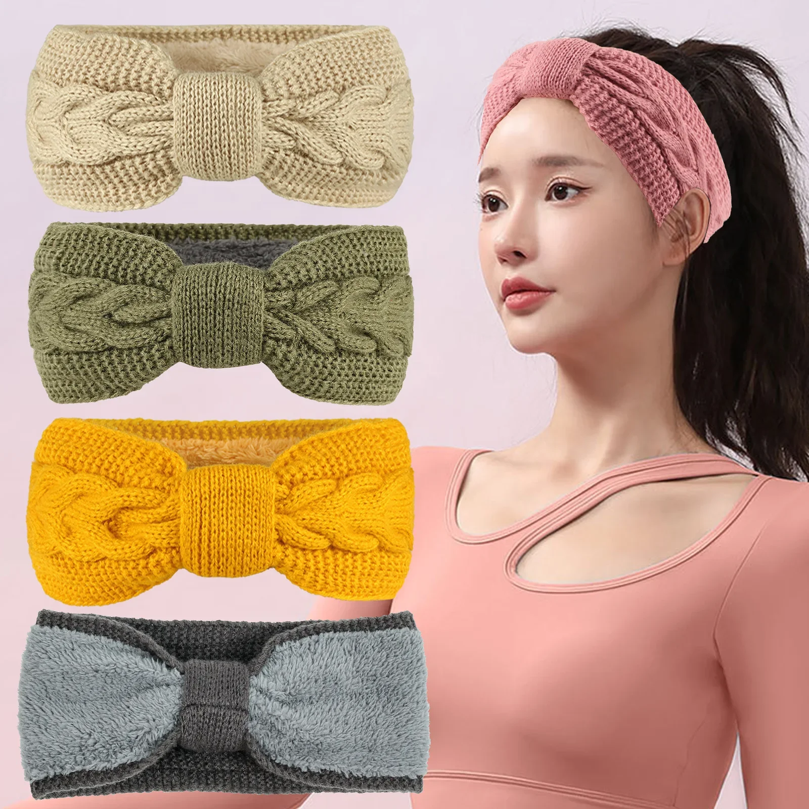 Autumn Winter Women Plush Lined Headwrap Turban Hairbands Keep Warm Female Ear Warmers Thicken Knitting Woolen Wide Headband