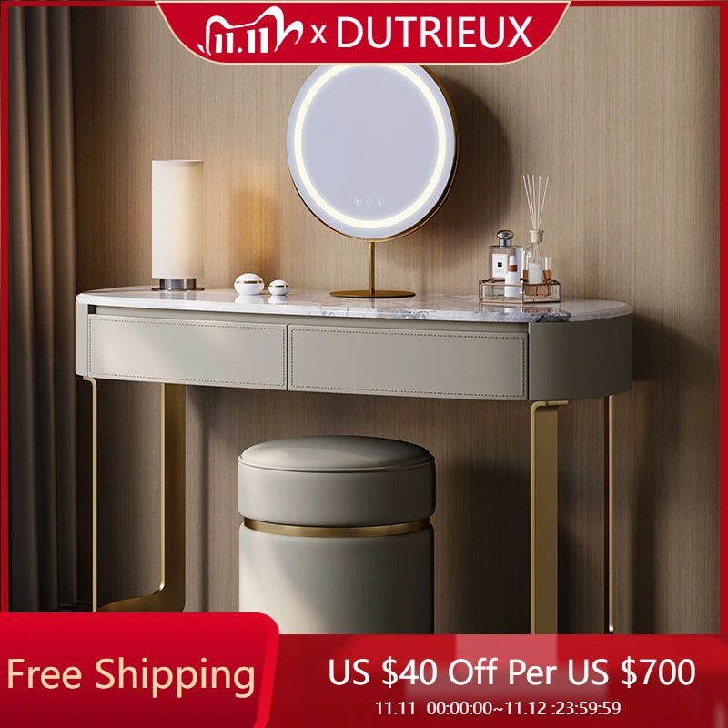 

Modern Luxury Vanity Table Bedroom Makeup Mirror Desk Dressing Table Drawers Jewelry Light Penteadeira Postmodern Furniture