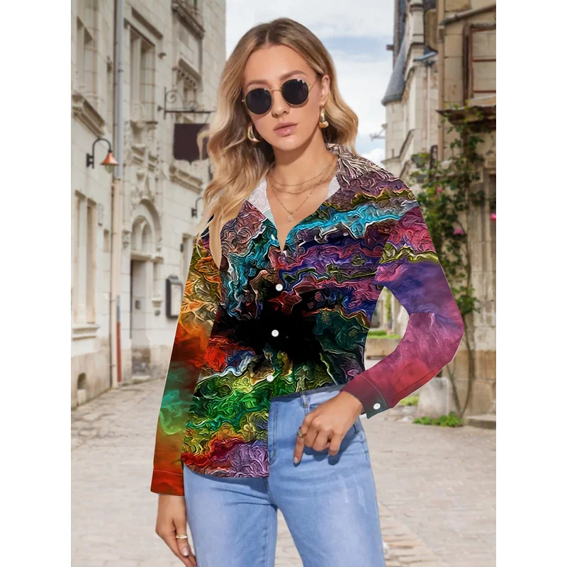 New Women'S Casual Long-Sleeve Shirt with Colorful Spiral Patterns, Perfect for Holiday Gatherings And Commuting. Versatile And