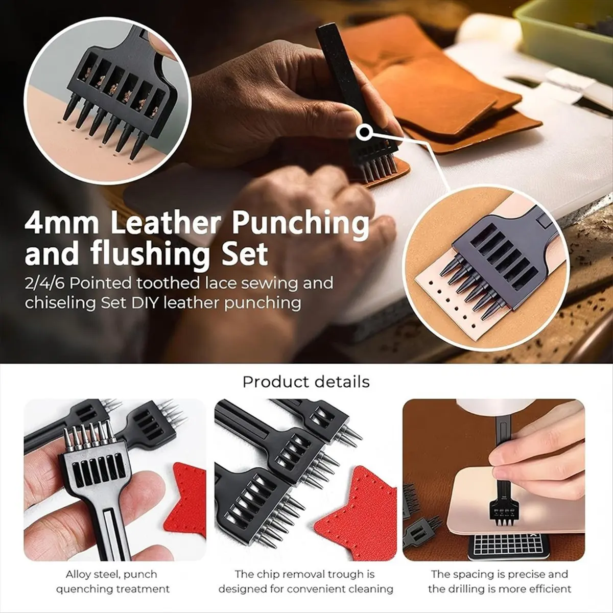 Budget-Friendly-3 Pcs Leather Stitching Punch 4mm, 2/4/6 Prong Lacing Hole Punch Leather Sewing Chisel