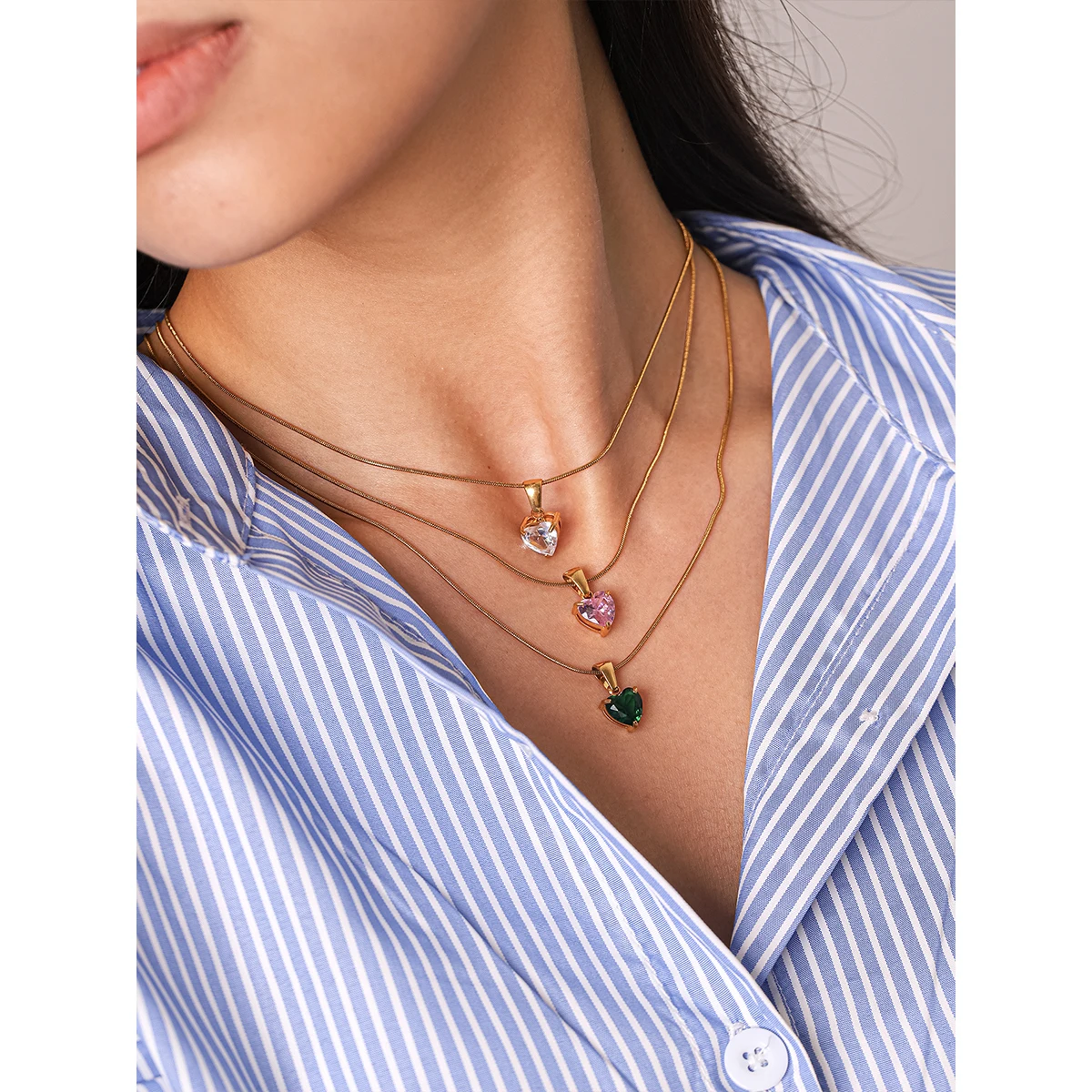 

Layered Heart Pendant Necklace Gold Plated Stainless Steel Waterproof Dainty Zircon Choker Set for Women Party Gift Jewelry