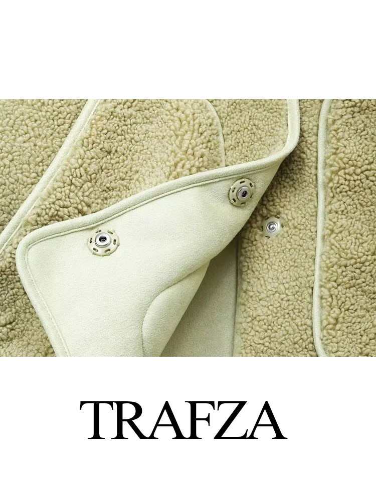 TRAFZA 여성용 겨울 패션 심플 캐주얼 램 플리스 재킷, 레트로 우아한 라운드넥 포켓 긴팔 따뜻한 외투