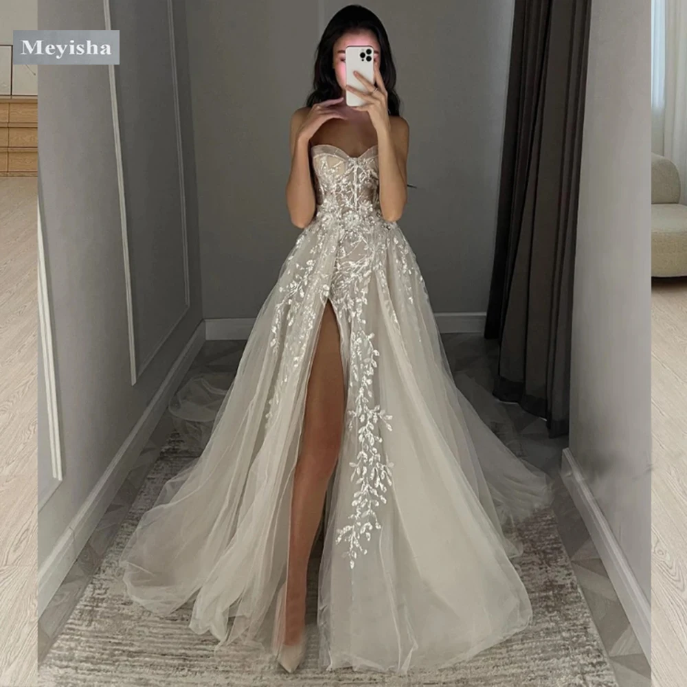 

Customized ZJ9395 Elegant A-Line Wedding Dress Women Lace Sweetheart Tulle Open Back Slit Strapless Bridal Gown