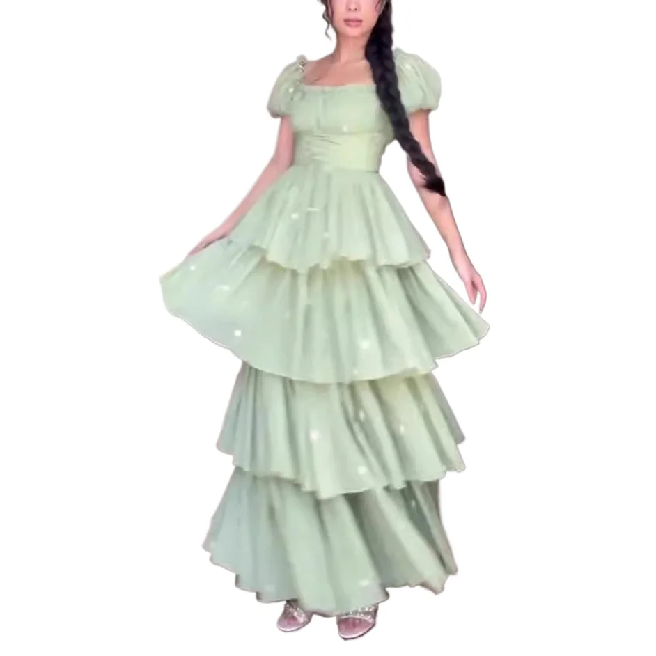 

French Square Neck Mesh Splicing Fairy Princess Dress Green Fashion Print Simple Tutu Skirt New Style High Waist Slim Long Dress