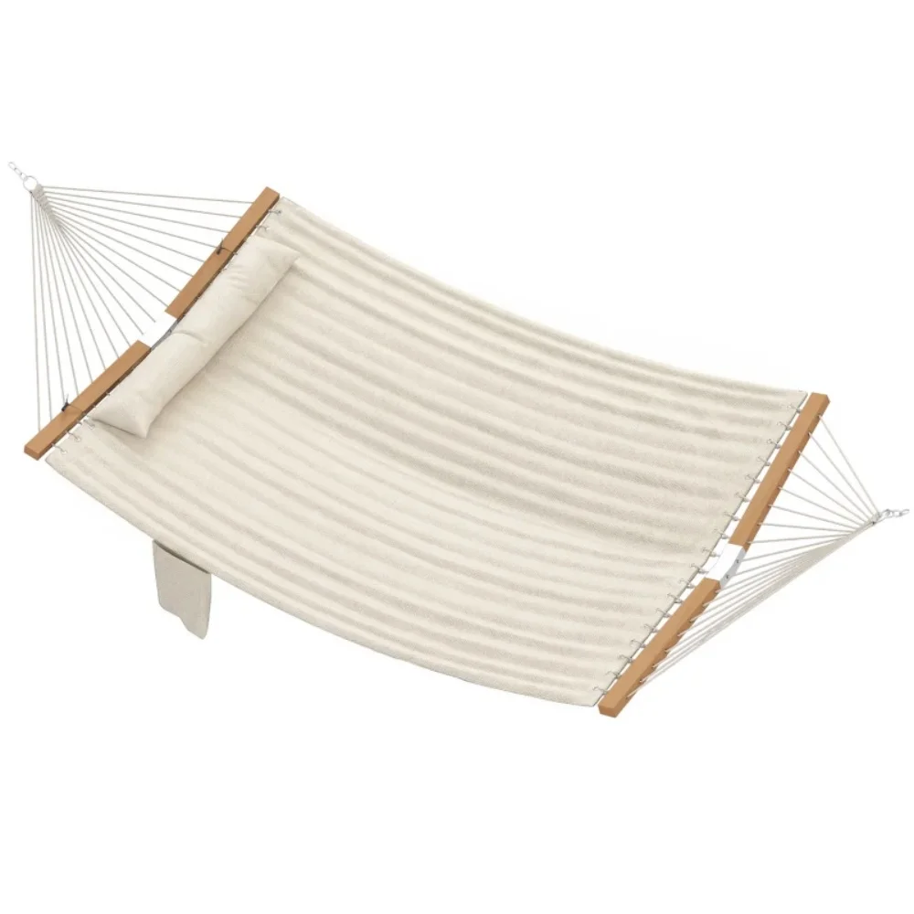 Anti-Tip Double Hammock with Beechwood Bar, 2-Person Quilted Swing Bed with Pillow & Pocket, 440lbs for Outdoor Patio