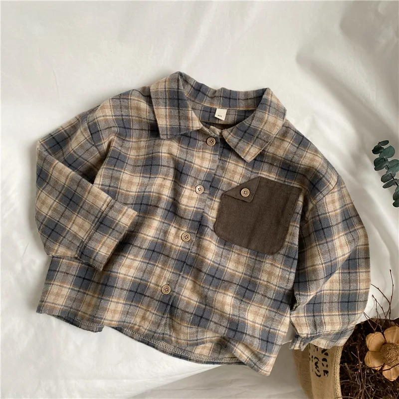 

Spring Autumn New Kids retro contrasting color pocket plaid shirt Boys turn-down collar cotton shirts Girls loose casual Tops