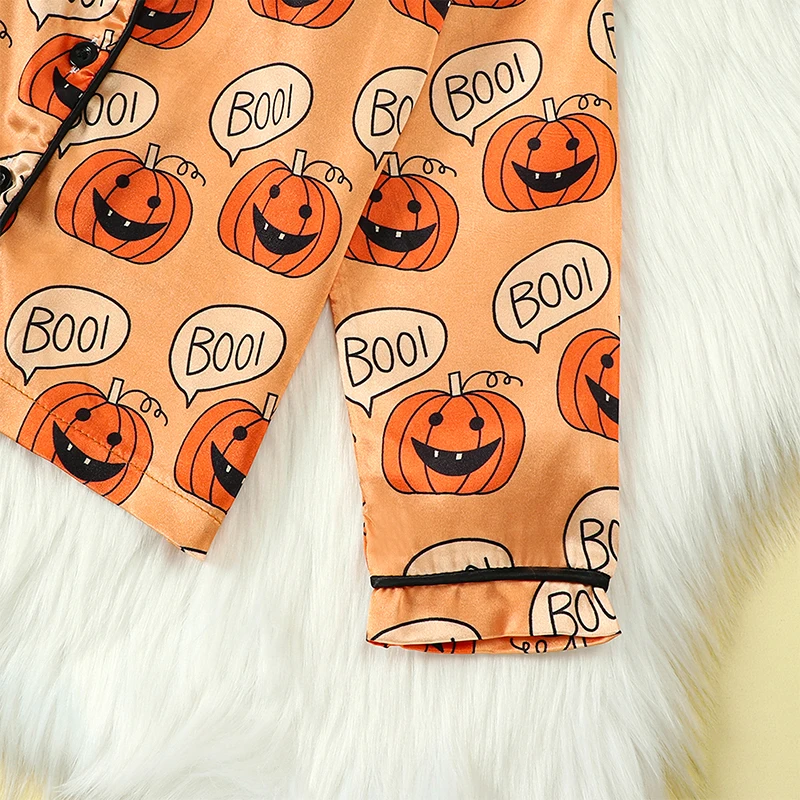 Kid Girls Boys Halloween Pajamas Set Pumpkin Print Long Sleeve Button-Down Tops Long Pants Autumn 2 Pieces Lounge Suit Sleepwear