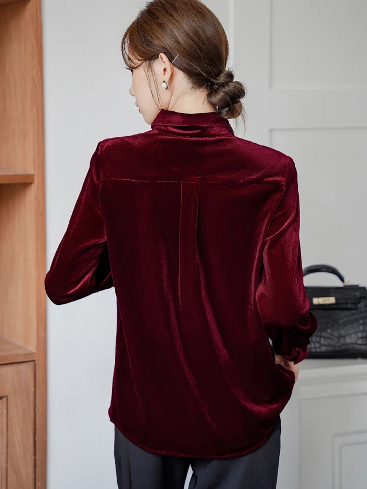 Vintage Wine Red Long Sleeve Blouse Autumn Winter Velvet Chic Versatile Women\'s Clothing Sales Gentle Style Tops Office Lady New