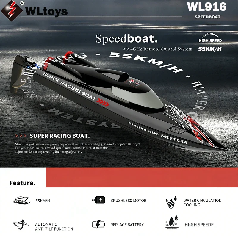 

WLtoys WL916 High Speed RC Boat 2.4Ghz 55KM/H Brushless Motor Racing Boat with Night 3S 11.1V 1800mAh Li-Batteries Included Gift