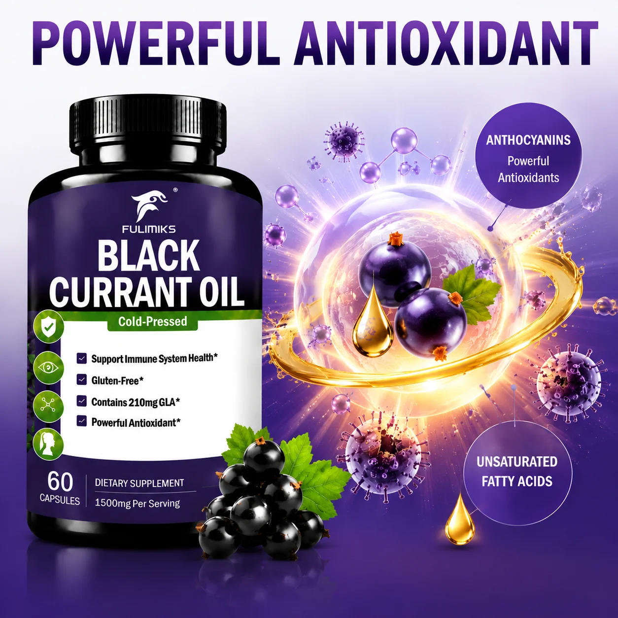 Black Currant Oil Supplement, Cold-Pressed, Regulates Hormonal Balance,Support Immune System, Hair and Skin Health