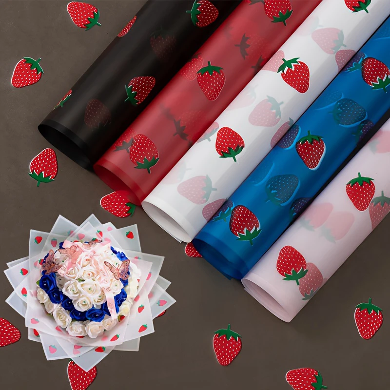 10Pcs Strawberry Pattern Packaging Paper Semi Transparent Flower Packaging Paper Waterproof Plastic Gift Packaging Paper Florist