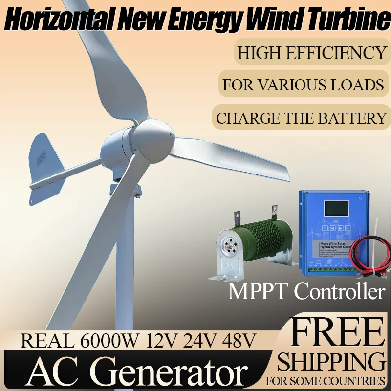 

Horizontal Home Wind Turbine Free Energy 3 Blades Wind Generator Power Windmill With MPPT Hybrid Controller