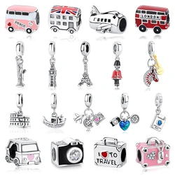 Originale 925 Sterling Silver Charms fotocamera valigia London Bus Love Beads Fit Pan Brand bracciali collane gioielli per le donne