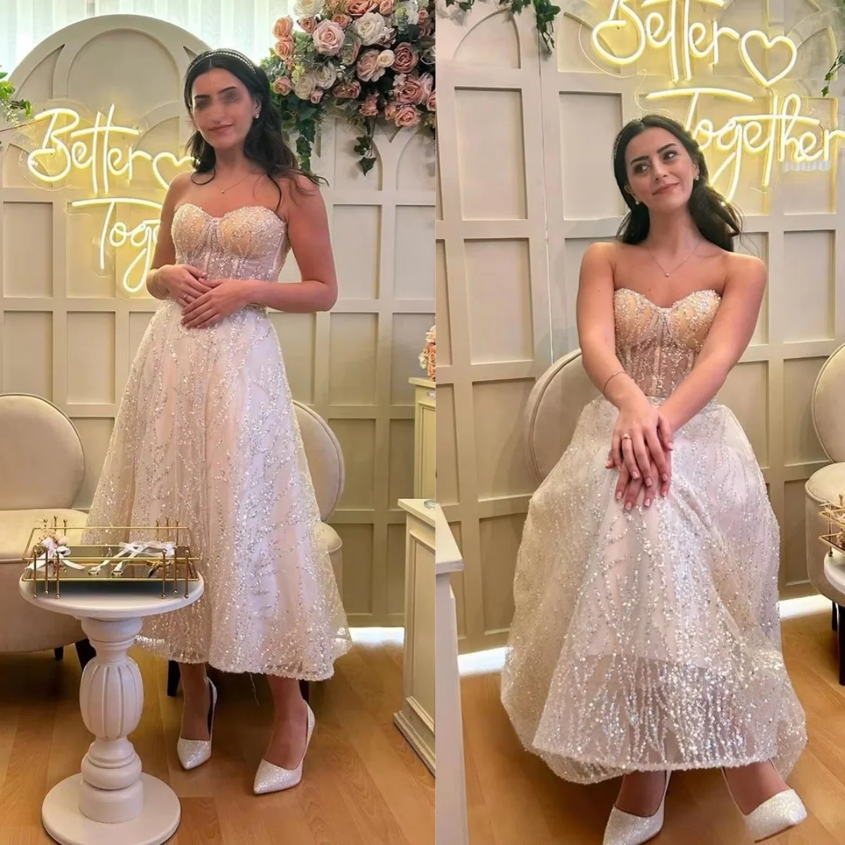 

Elegant Lace Sequin Short Prom Dresses Luxurious Sweetheart Tulle Strapless Dinner Dress A-line Robe Customization