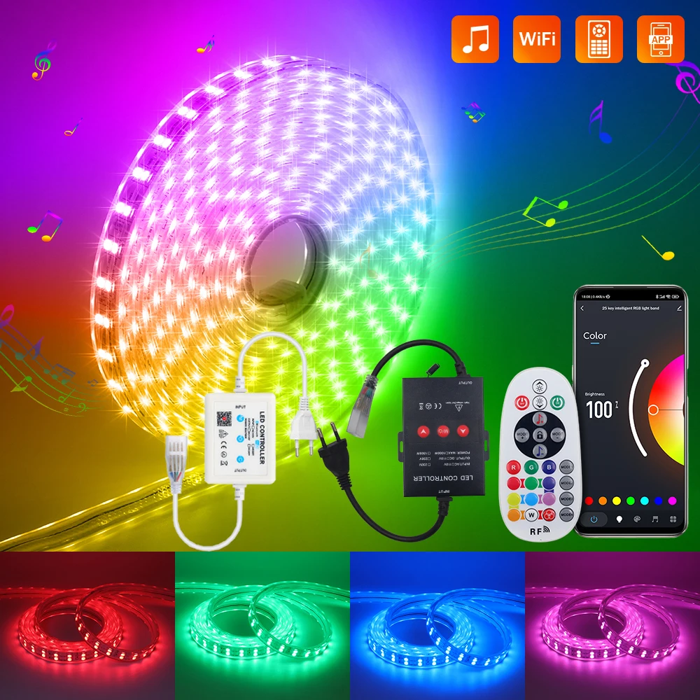 

Smart WiFi LED Strip Lights Double Row 5050 RGB Music Sync LED Tape 220V RF Tuya BT APP LED Lights Work with Alexa Google Home